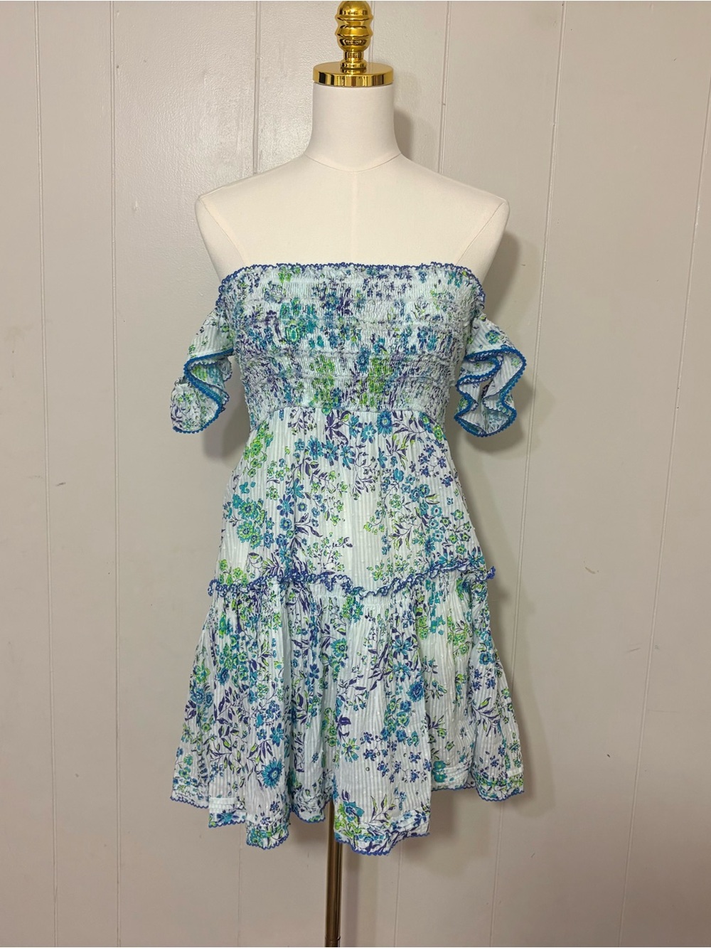 Poupette St Barth Aurora Floral Off Shoulder Smocked Cotton Mini Dress